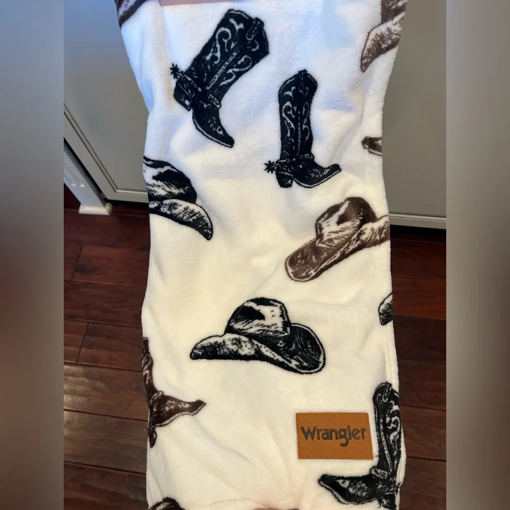 Wrangler Black and Brown Cowboy Hat Boots Throw Blanket